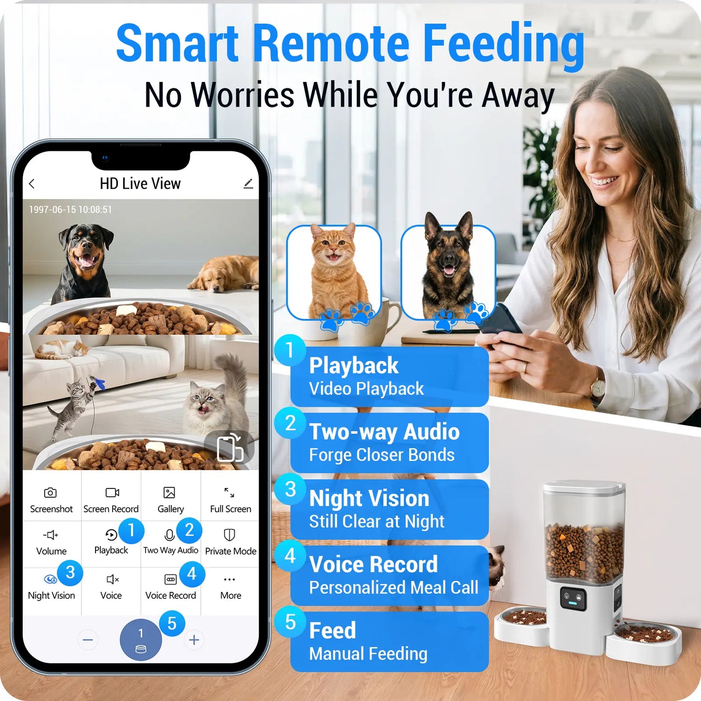 Smart Automatic Pet Feeder with HD Camera — App Control, Timed Feeding & Dual Bowls