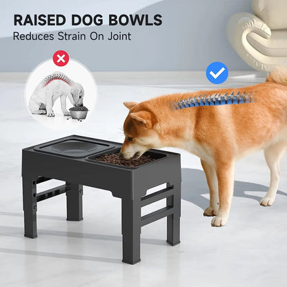 Adjustable Elevated Dog Bowl Stand — Slow Feeder + No-Spill Water Bowl (4 Heights)