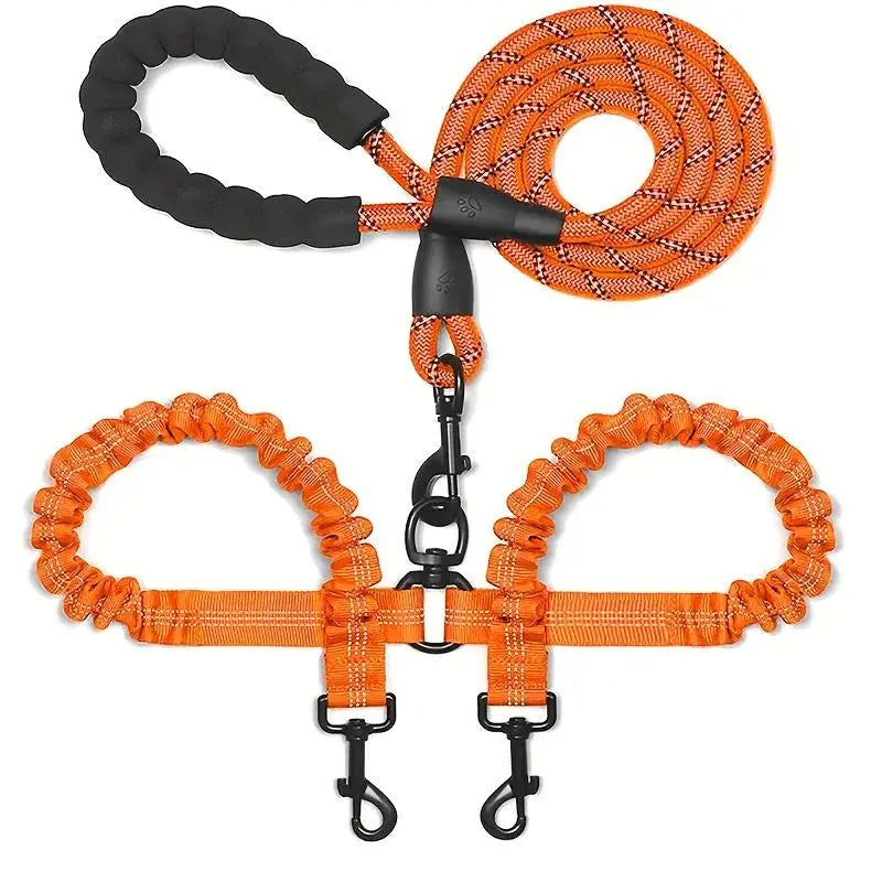 Tangle-Free Dual Dog Leash — Shock-Absorbing Bungee Walker for 2 Dogs