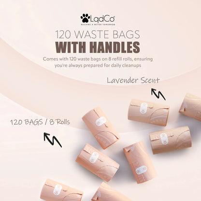 Extra-Long Plant-Based Dog Poop Bags with Handles (120-Count) — Lavender Scented, Leak-Proof