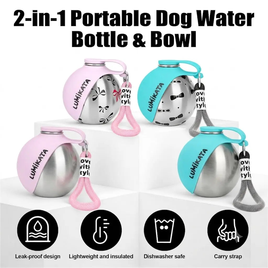 2-in-1 Portable Dog Water Bottle & Bowl — Leak-Proof Stainless Steel Travel Ball (10oz)