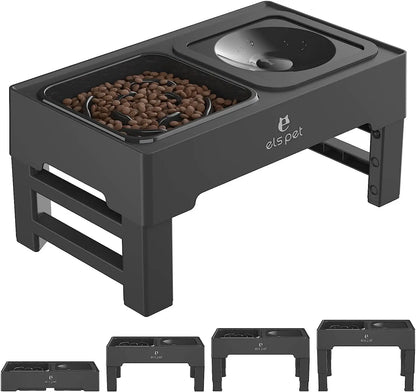 Adjustable Elevated Dog Bowl Stand — Slow Feeder + No-Spill Water Bowl (4 Heights)