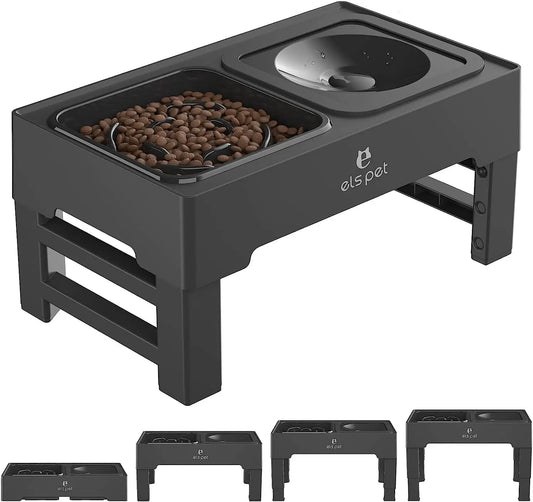 Adjustable Elevated Dog Bowl Stand — Slow Feeder + No-Spill Water Bowl (4 Heights)