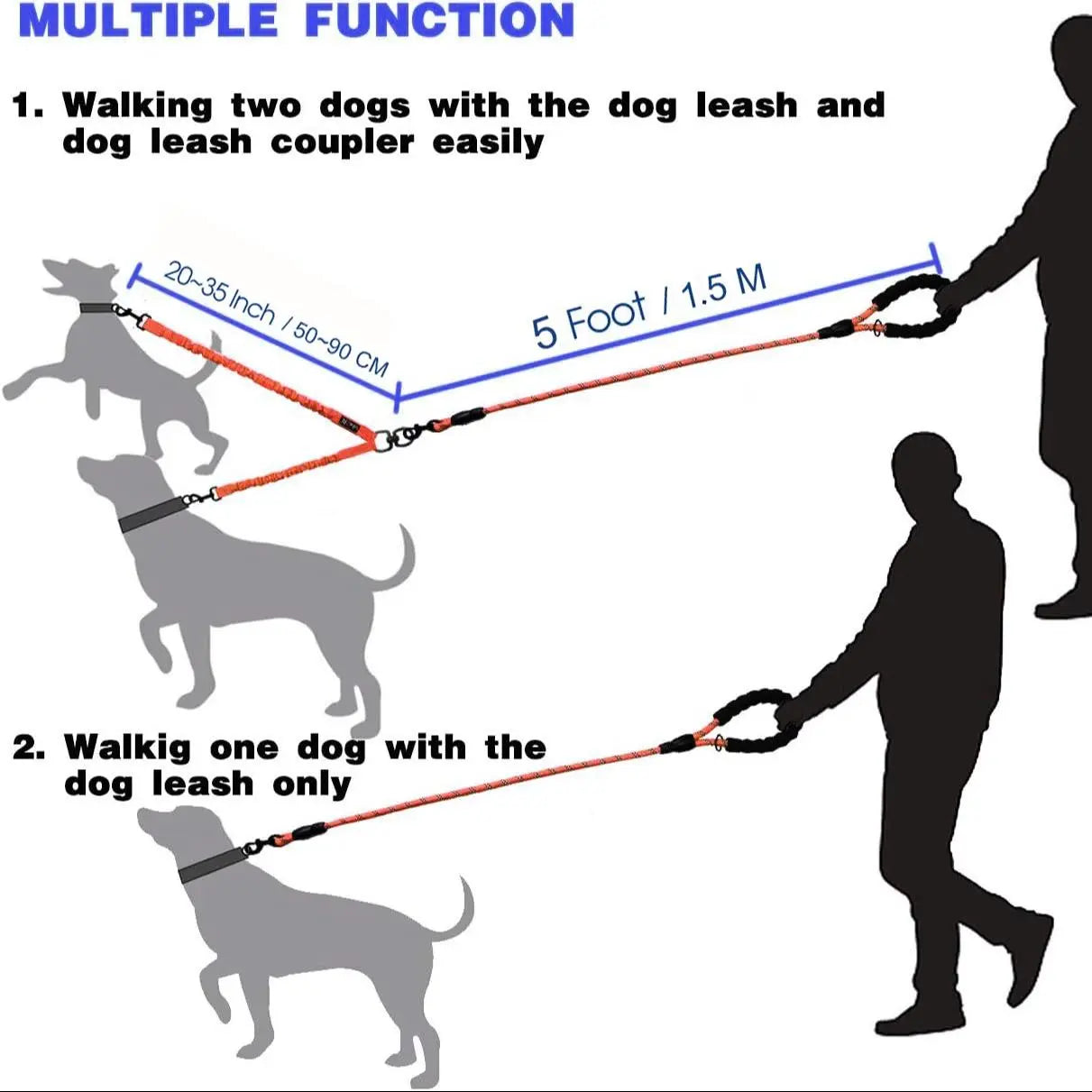 Tangle-Free Dual Dog Leash — Shock-Absorbing Bungee Walker for 2 Dogs