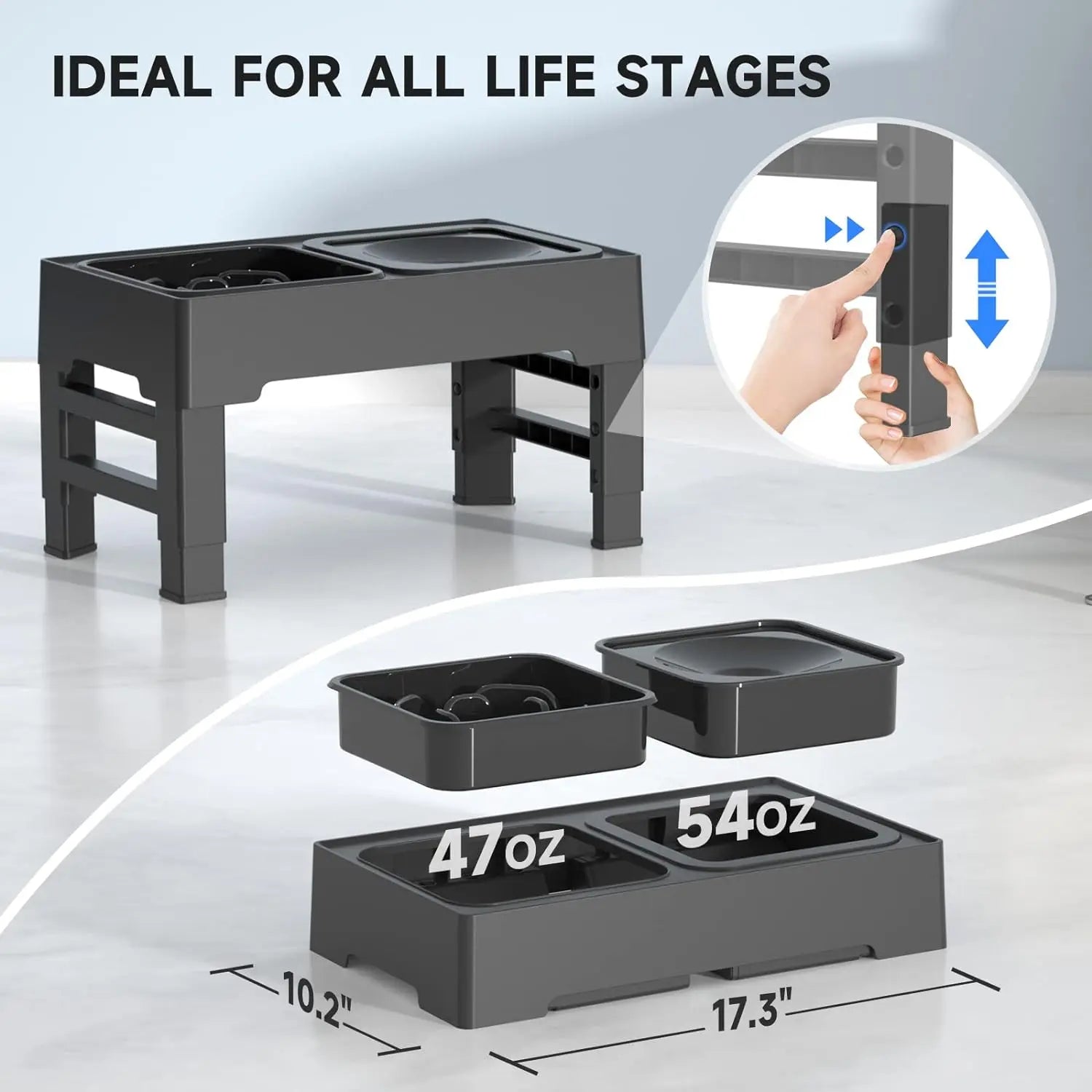 Adjustable Elevated Dog Bowl Stand — Slow Feeder + No-Spill Water Bowl (4 Heights)