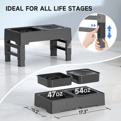 Adjustable Elevated Dog Bowl Stand — Slow Feeder + No-Spill Water Bowl (4 Heights)
