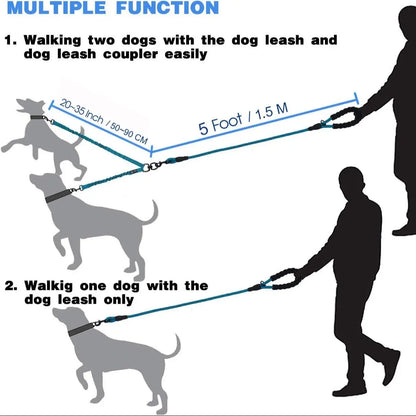 Tangle-Free Dual Dog Leash — Shock-Absorbing Bungee Walker for 2 Dogs