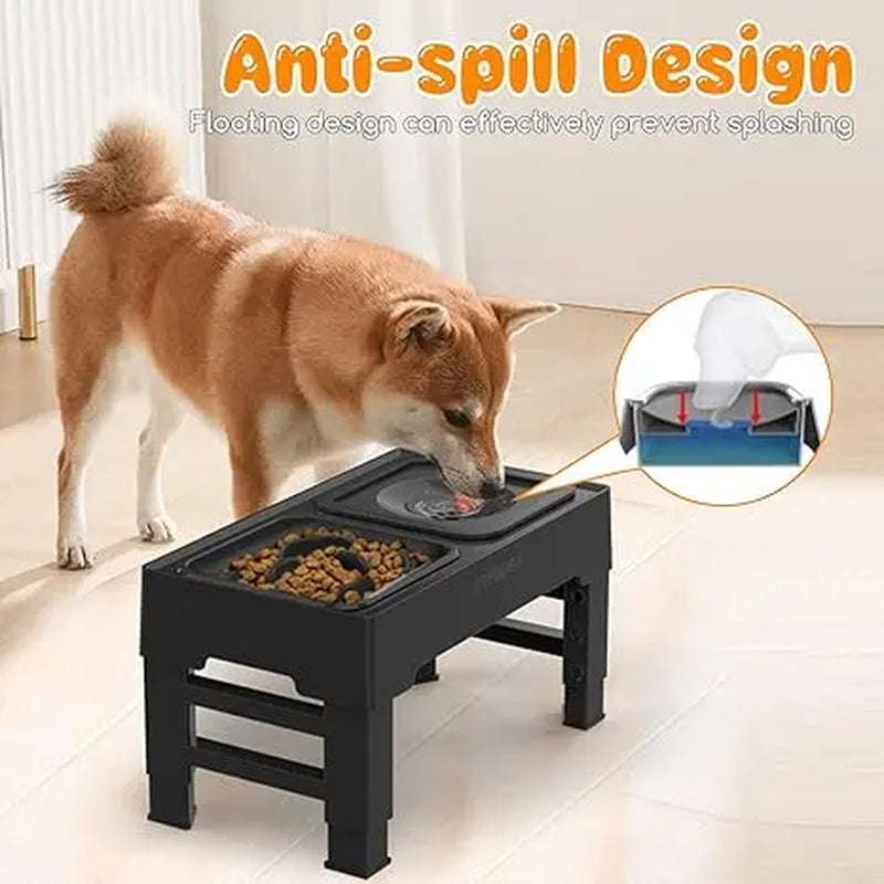 Adjustable Elevated Dog Bowl Stand — Slow Feeder + No-Spill Water Bowl (4 Heights)