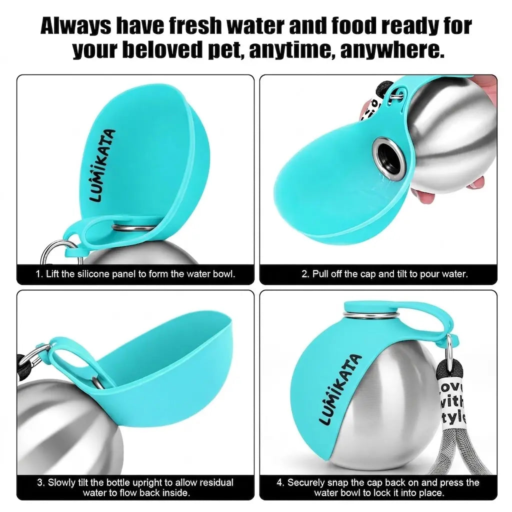 2-in-1 Portable Dog Water Bottle & Bowl — Leak-Proof Stainless Steel Travel Ball (10oz)